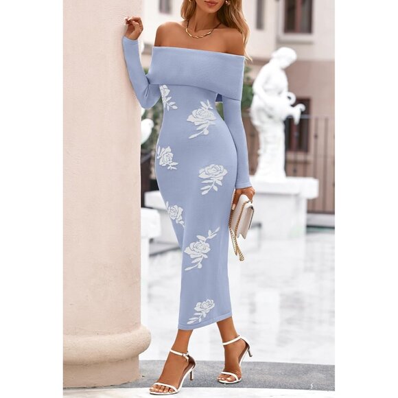 Merokeety Women's Bluewhite Off Shoulder Long Sleeve Elegant Bodycon Midi Dress - Picture 6 of 9